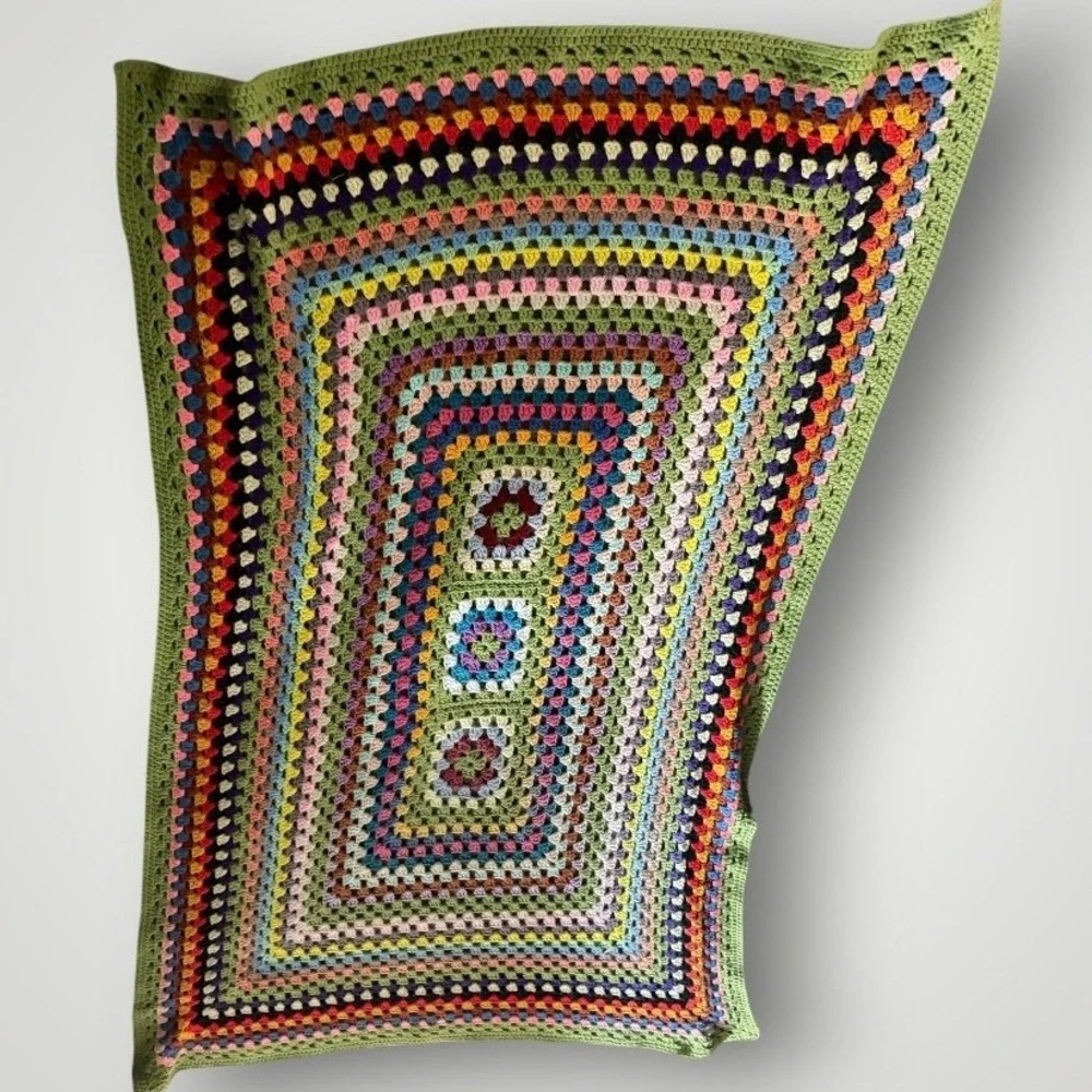 Crochet Granny Square Blanket Green Retro Hand Knit Afghan Cottagecore Eclectic